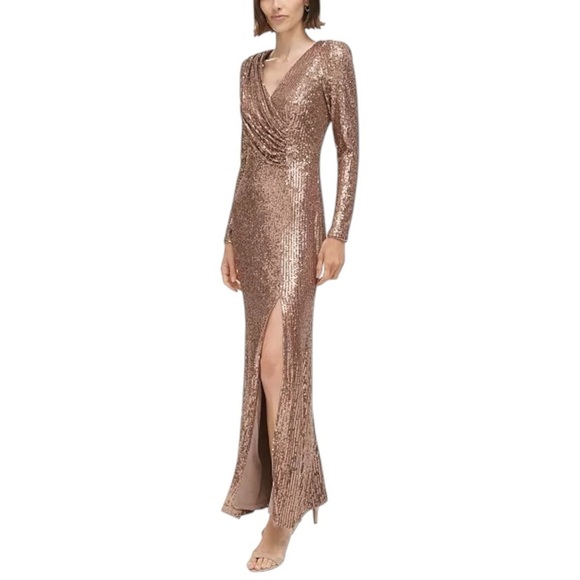 New! Eliza J Petite Sequined V-Neck Draped-Bodice Gown‎ - Picture 3 of 8